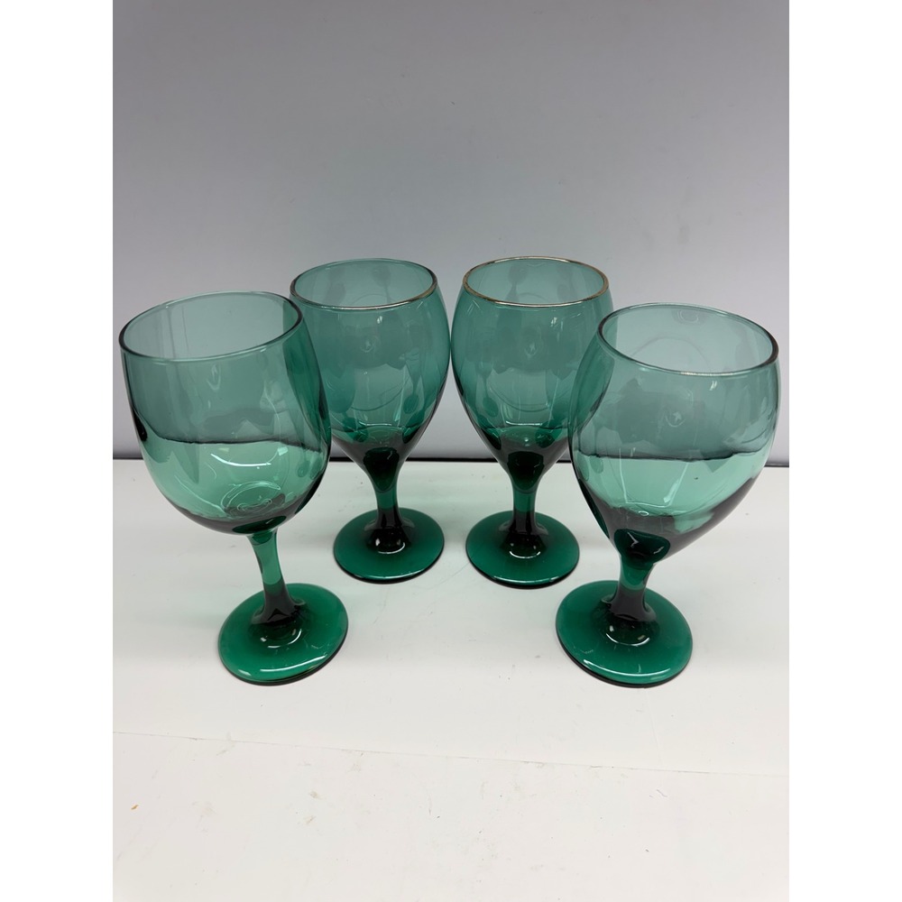 Vintage Teal Green Glass Wine Goblets Set of 4 Emerald Water Stemware Gold Rim